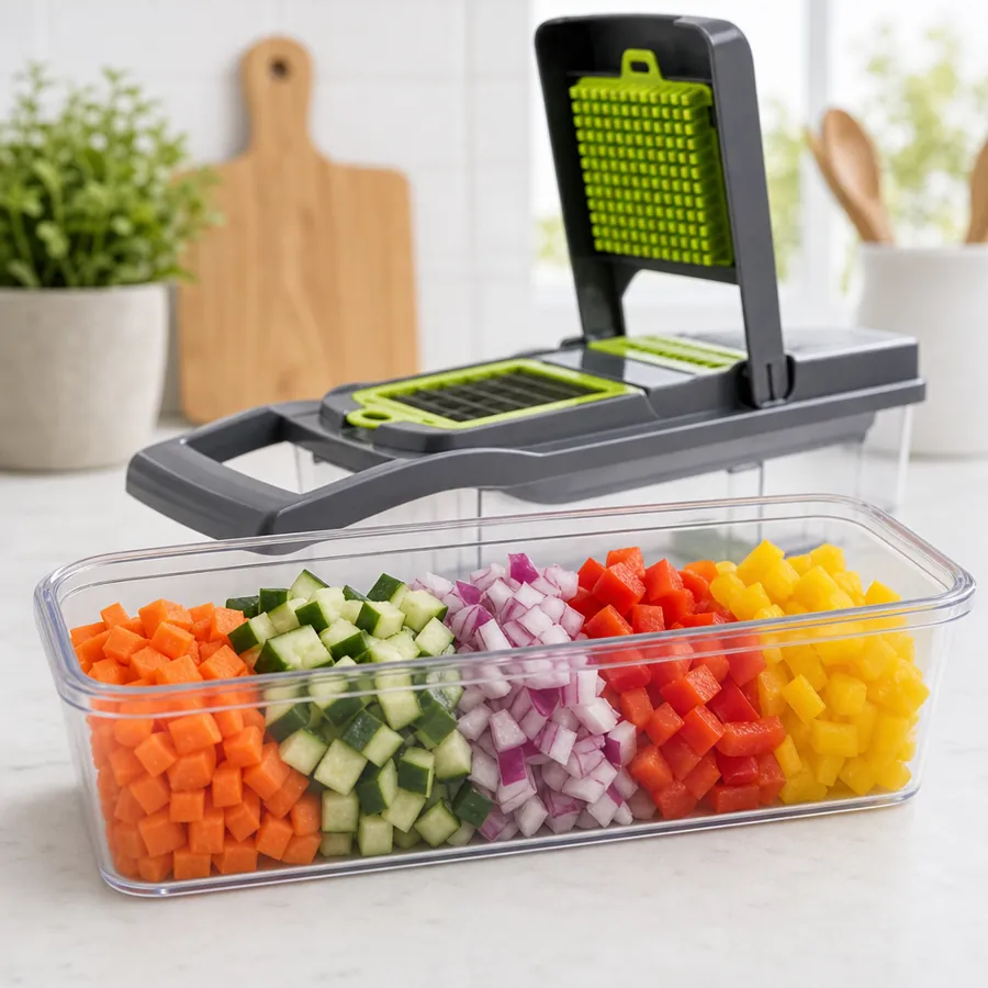 Uniform diced vegetables in the UltraCut container