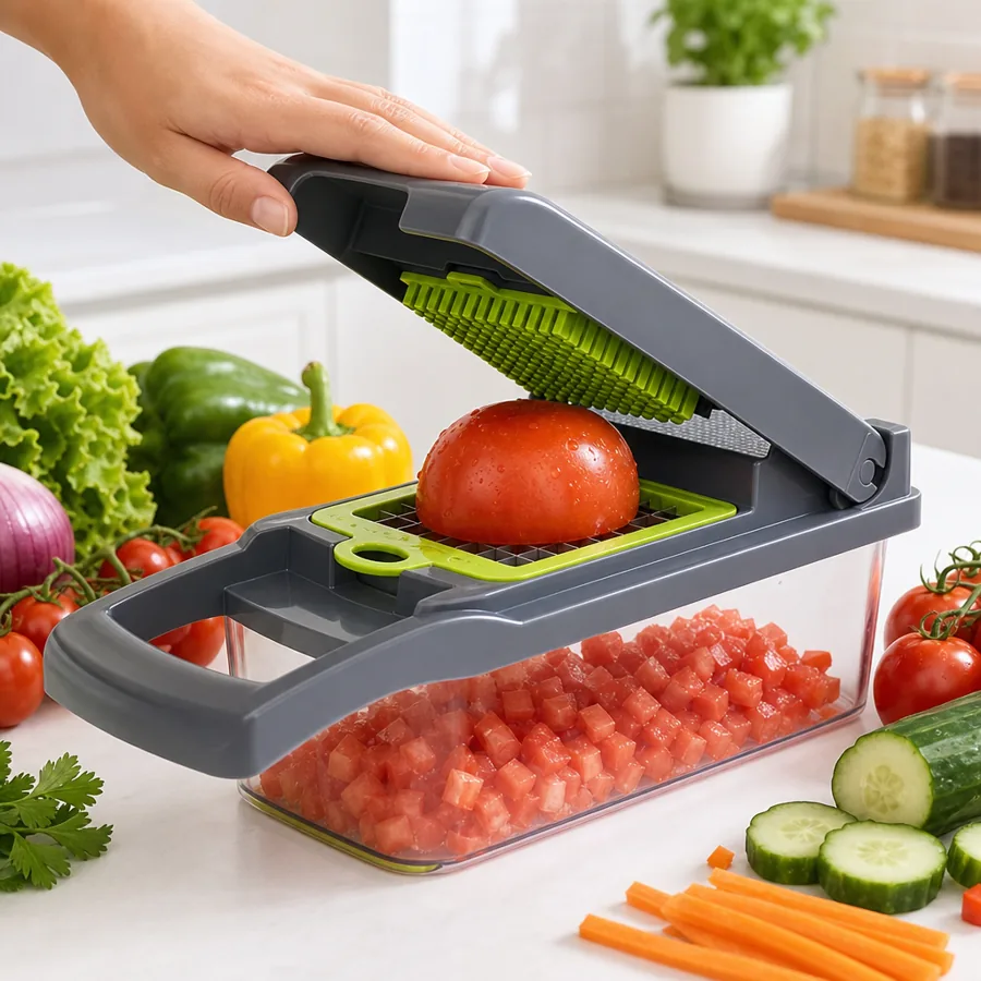 Pressing a tomato into even cubes