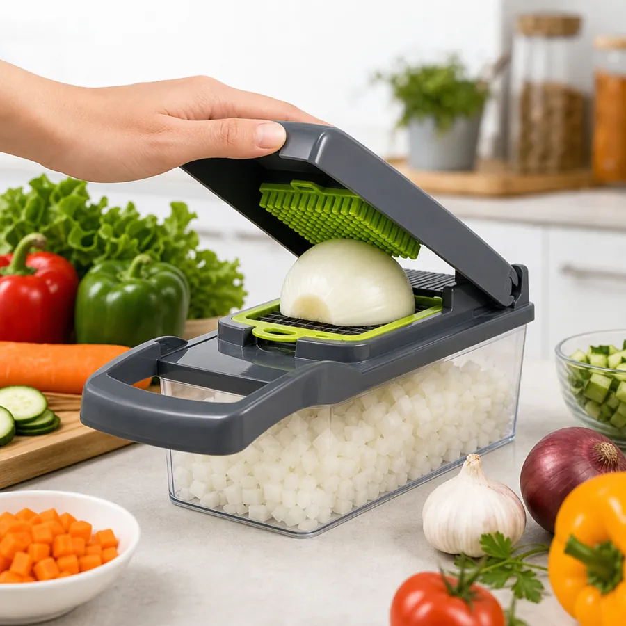 Pressing an onion into even cubes